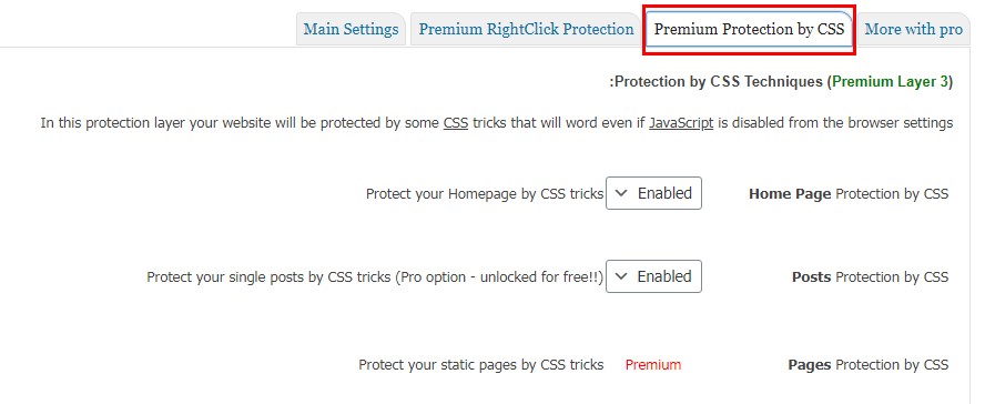 سربرگ Premium Protection by CSS در تنظیمات Copy Protection
