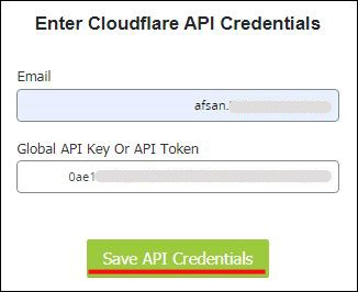 دکمه Save API Credentials در تنظیمات افزونه کلودفلر