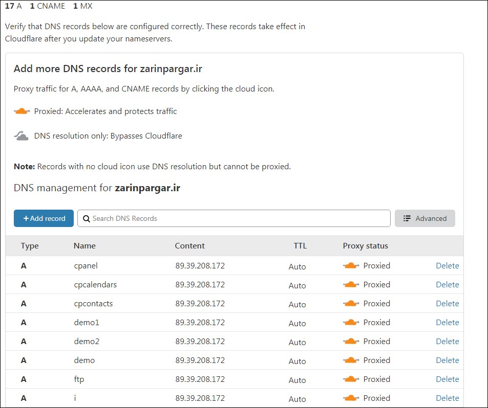 اطلاعات مربوط به dns سایت در تنظیمات cloudflare