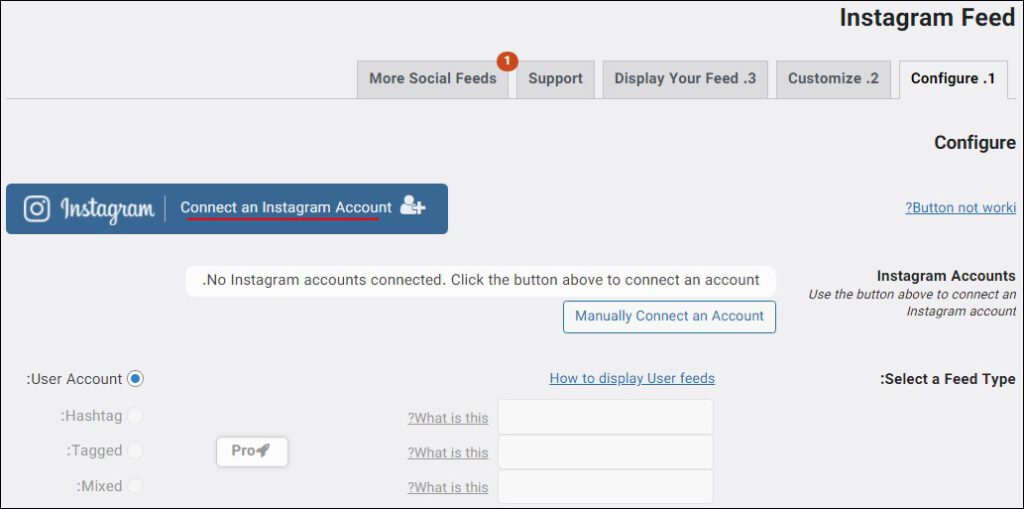 دکمه Connect an Instagram account برای اتصال اینستاگرام به وردپرس