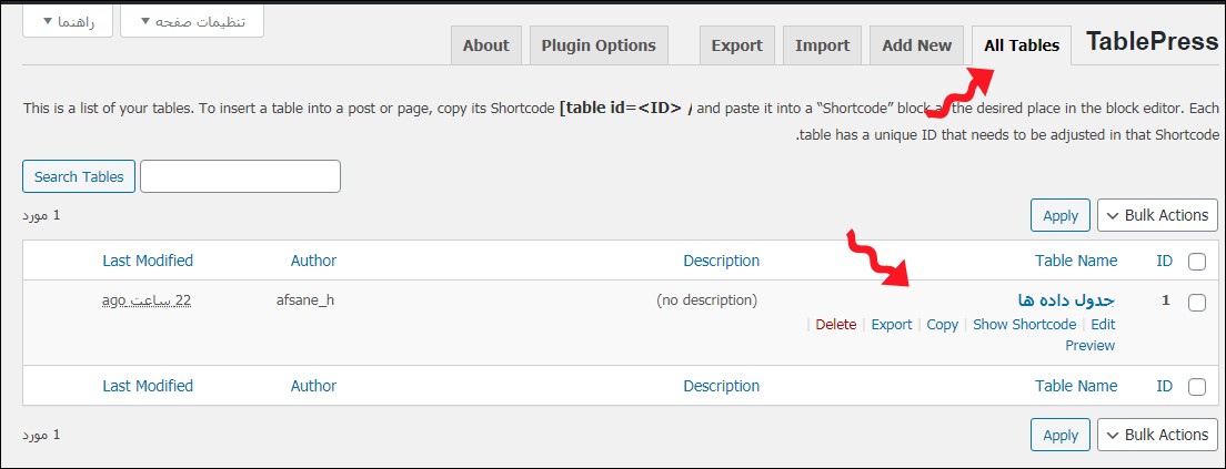 All tables in Tablepress-ساخت جدول در وردپرس