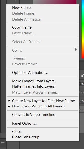 انتخاب گزینه Make Frames From Layers