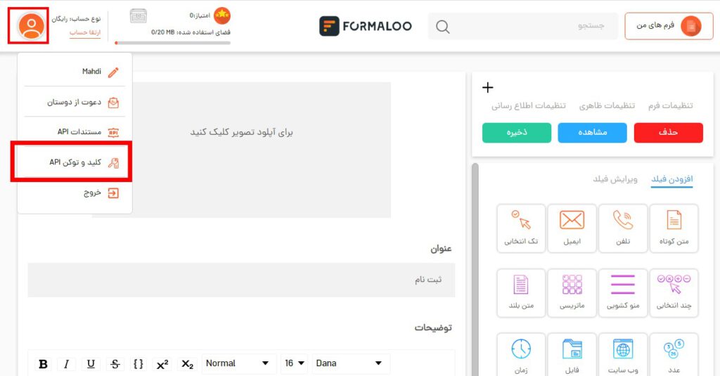 Formaloo API Key-ساخت انواع فرم در وردپرس