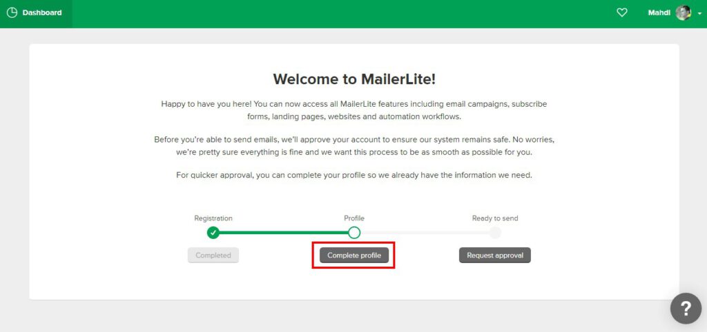 Complete profile in mailerlite-عضویت در میلرلایت