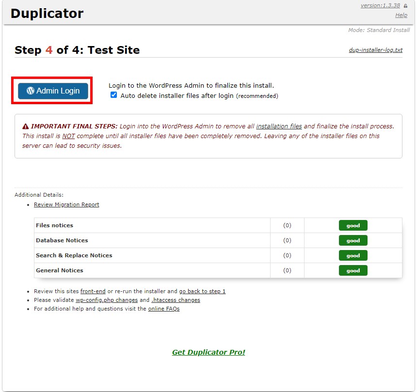admin login in duplicator-نصب بسته نصبی آسان وردپرس