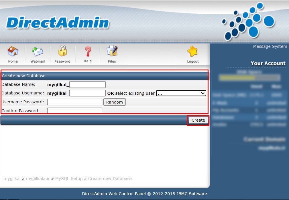 create database in direct admin