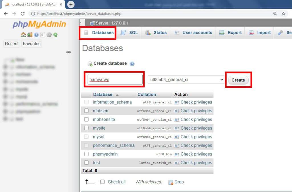 create database in localhost-نصب بسته نصبی قالب وردپرس