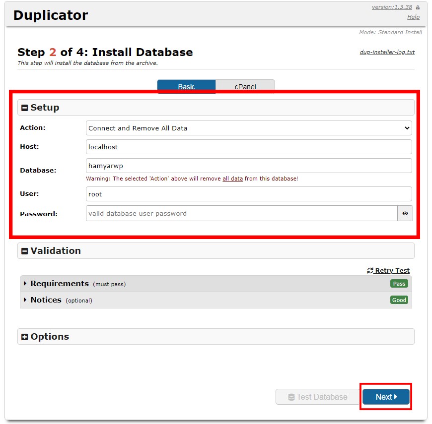 insert database data in duplicator-نصب بسته نصبی آسان وردپرس