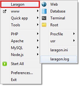 منویLaragon در تنظیمات برای راه اندازی وردپرس روی Laragon
