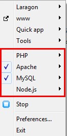 منوی Php، Apache، MySQL و js در تنظیمات Laragon