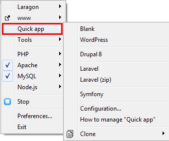 منوی Quick app در تنظیمات Laragon