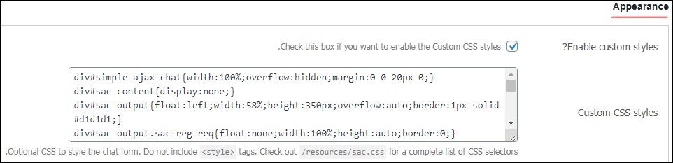 بخش Appearance در سربرگ Plugin Settings درافزونه Simple Ajax Chat
