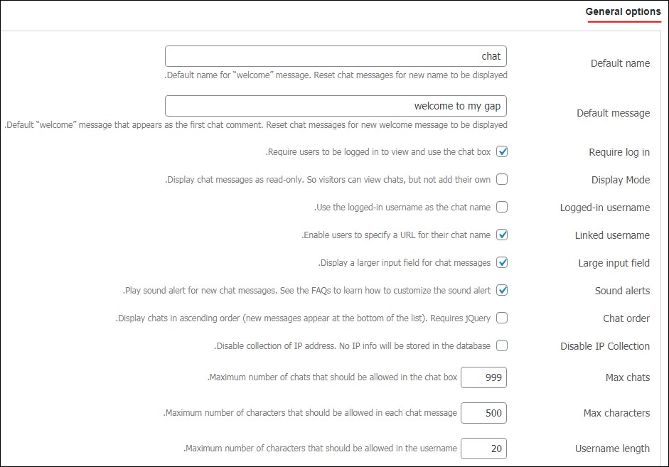بخش General options در سربرگ Plugin Settings درافزونه Simple Ajax Chat