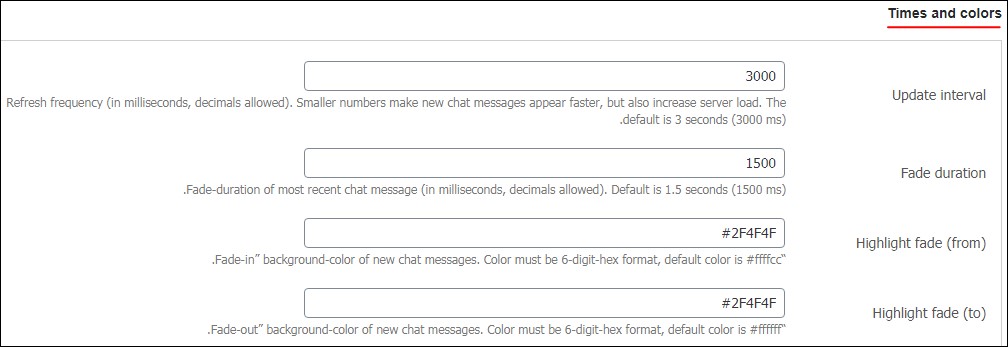 بخش Times and colors در سربرگ Plugin Settings درافزونه Simple Ajax Chat