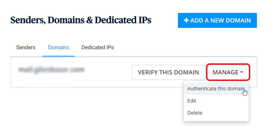 گزینه Authenticate this domain در Sendinblue