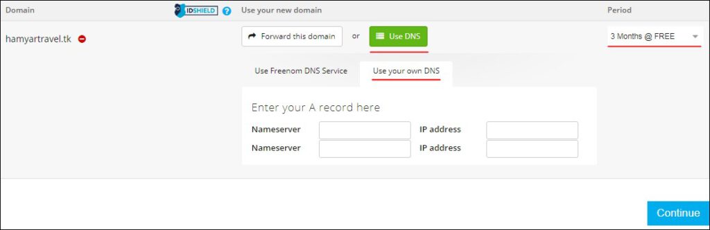 تنظیم DNS و مدت زمان استفاده برای دامنه رایگان