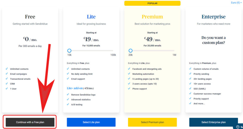 انتخاب پلن رایگان در Sendinblue
