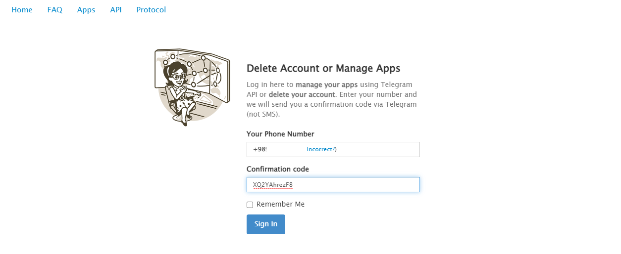 برای حذف حساب تلگرام میبایست کد ارسال شده به اکانت تلگرام خود را در کادر مربوط به آن وارد کنید