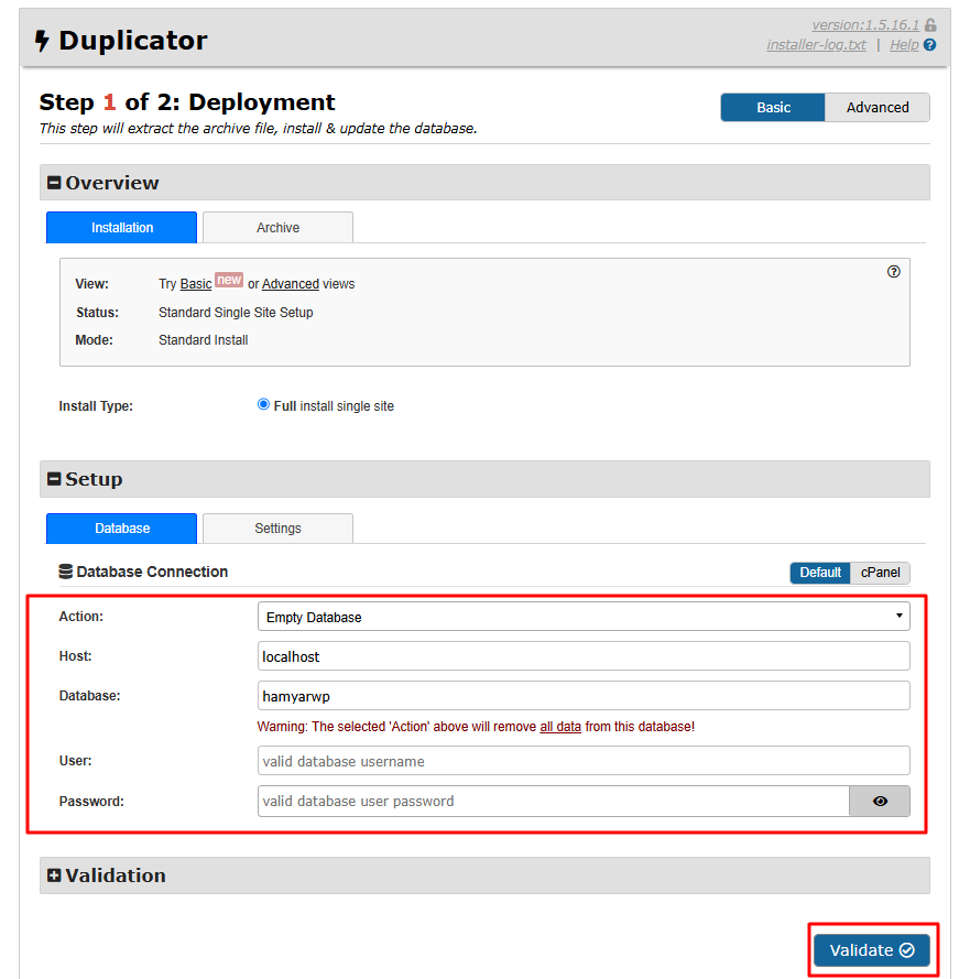 مرحله اول نصب بسته آسان سایت وردپرسی با Duplicator