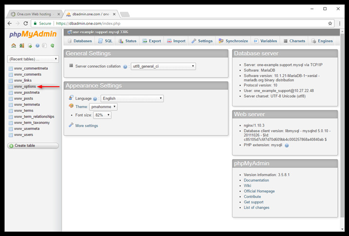 wp_options در phpmyadmin