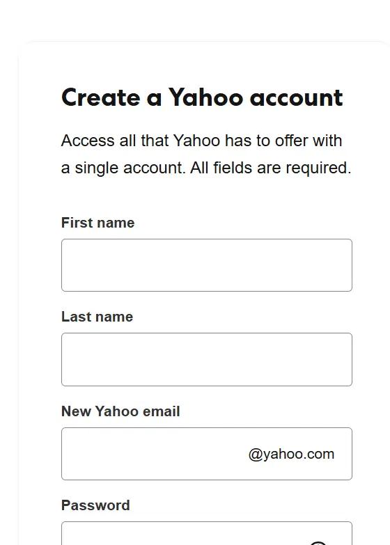 فرم ثبت نام یاهو