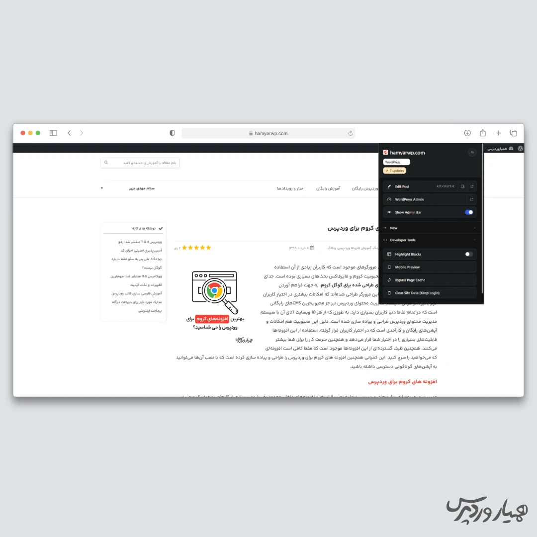 ابزارهای توسعهدهنده افزونه مرورگر وردپرس در سایت همیار وردپرس