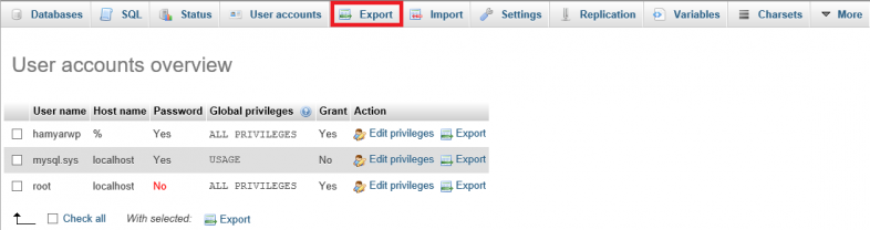 export-استفاده از phpMyAdmin
